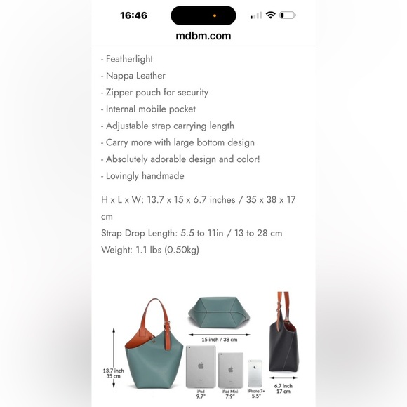 MDBM Madison De Beaute Marseilles CHOLET Bucket Leather Purse in Celeste - Picture 7 of 7